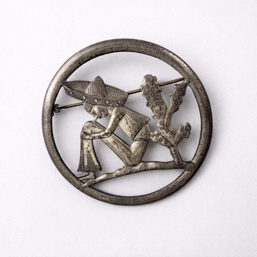 Vintage Truart Southwestern Sterling Silver Figural Brooch Siesta by Cactus